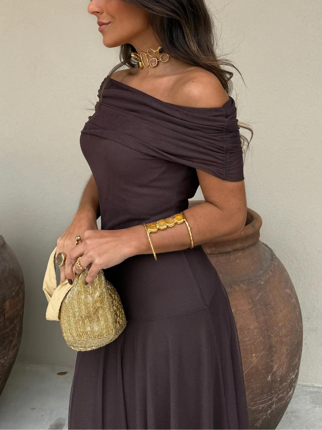 Sofía | Vestido Largo de Gasa Elegante para Mujer con Hombros Descubiertos 6