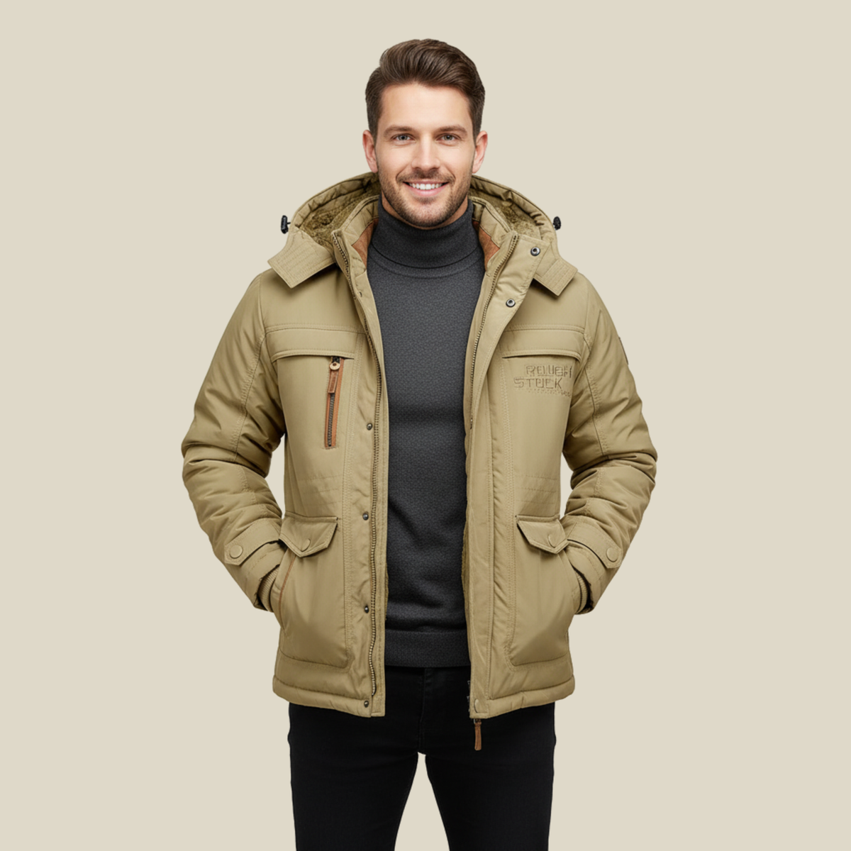 Detalle del cierre y cremallera de la chaqueta impermeable GRIMSVYK