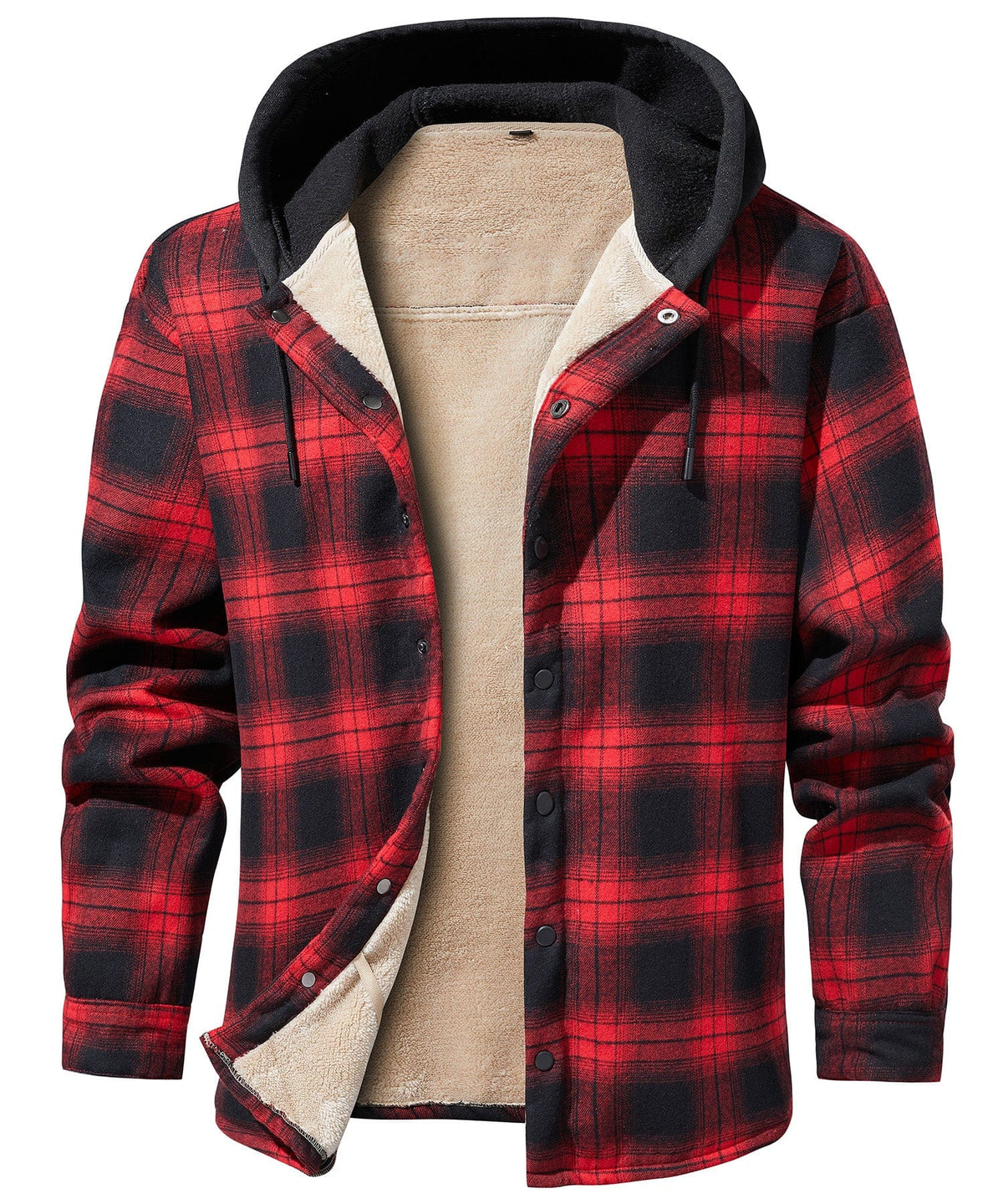 Chaqueta de franela con capucha para hombre en cuadros rojo y negro