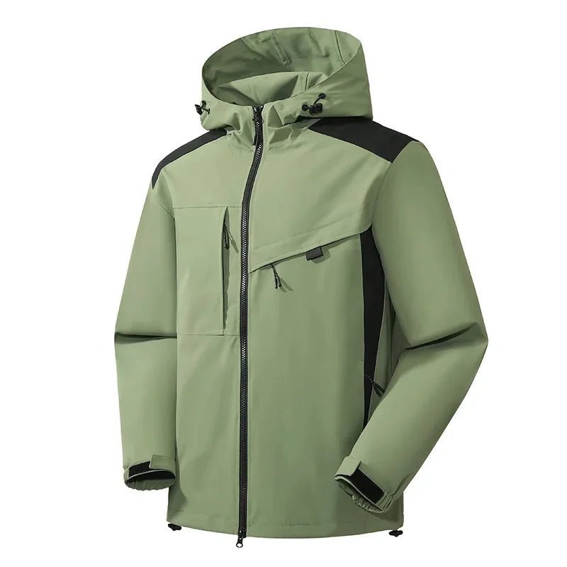 Vista lateral de la chaqueta impermeable con capucha Kadan