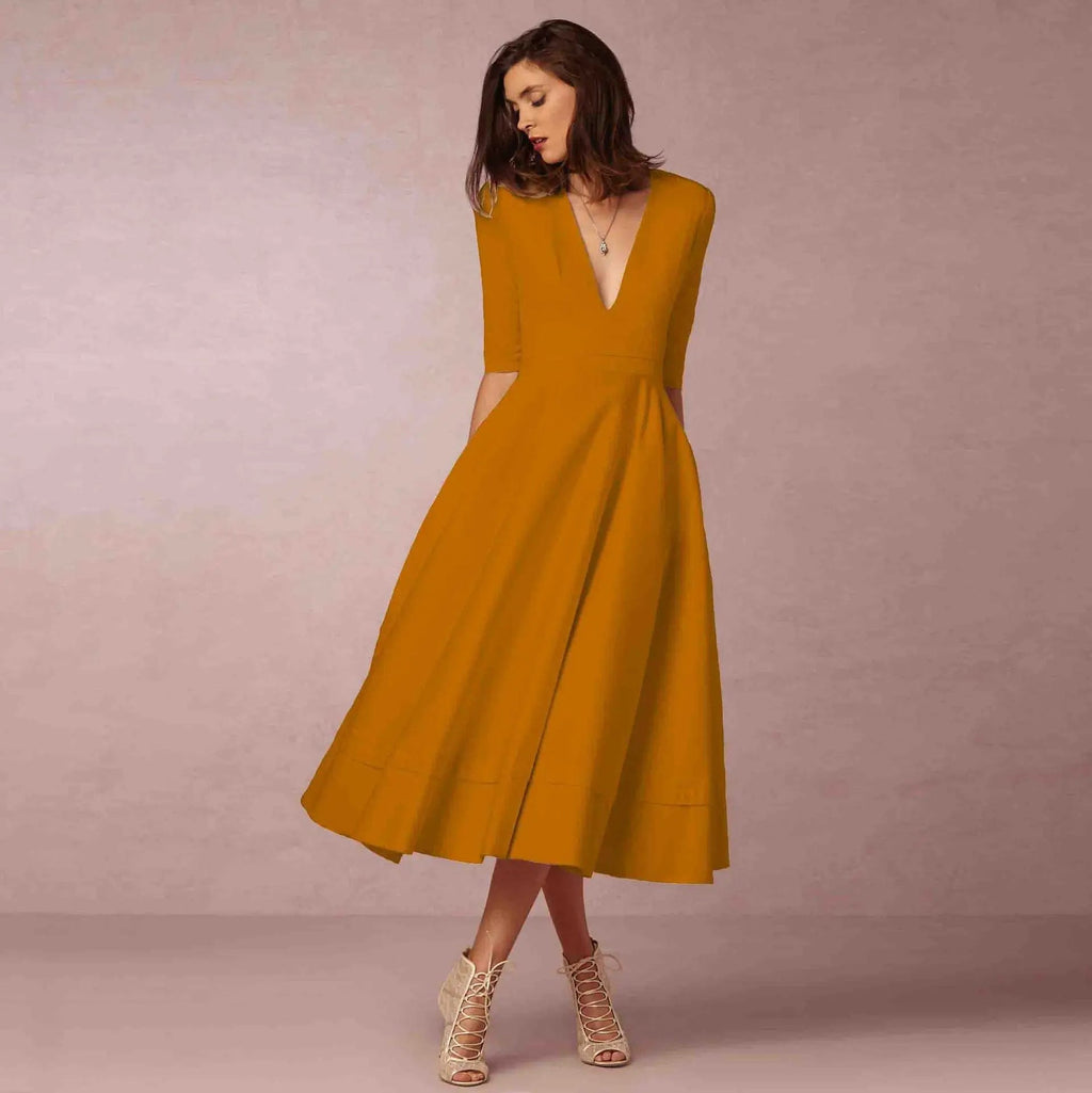 Mariela | Vestido Midi con Escote en V y Mangas al Codo | Elegante y Cómodo para Ocasiones Especiales - Noa Lagos