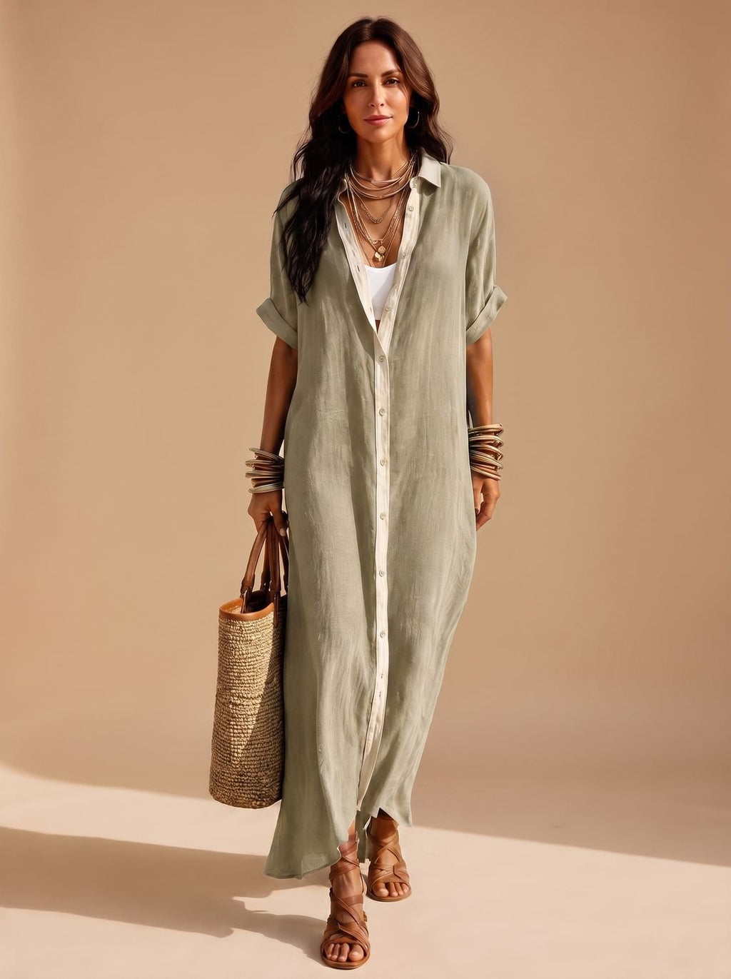 Detalle del cuello camisero y botonadura frontal del vestido maxi boho