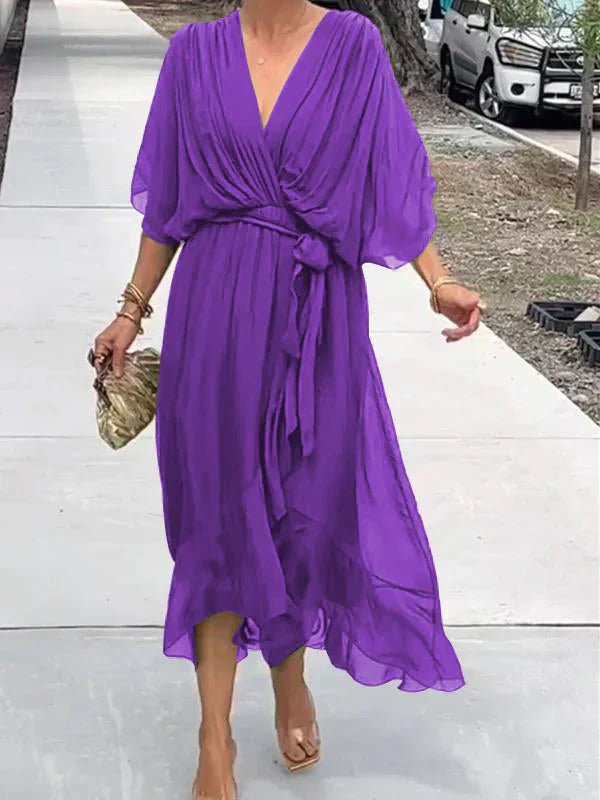 NAELLA | Vestido Midi Elegante para Mujer con Cinturón y Escote en V | Ideal para Eventos Especiales - Noa Lagos