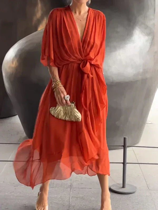 NAELLA | Vestido Midi Elegante para Mujer con Cinturón y Escote en V | Ideal para Eventos Especiales - Noa Lagos