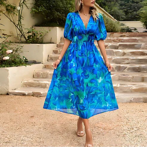 Sofia | Elegante Vestido Midi con Manga Abullonada y Escote en V para Mujer - Noa Lagos