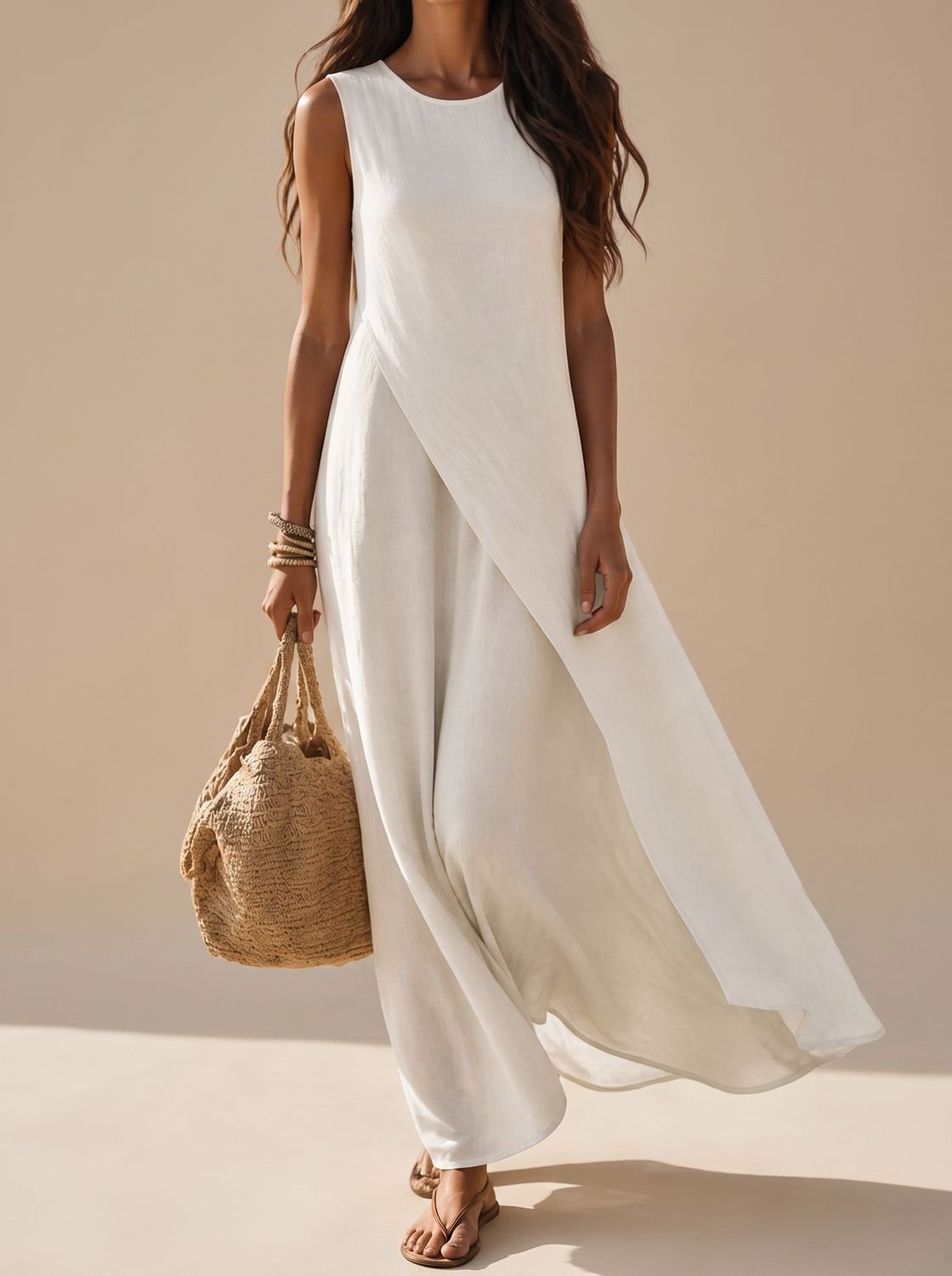 Mujer con vestido largo boho sin mangas de color blanco en un paseo de playa