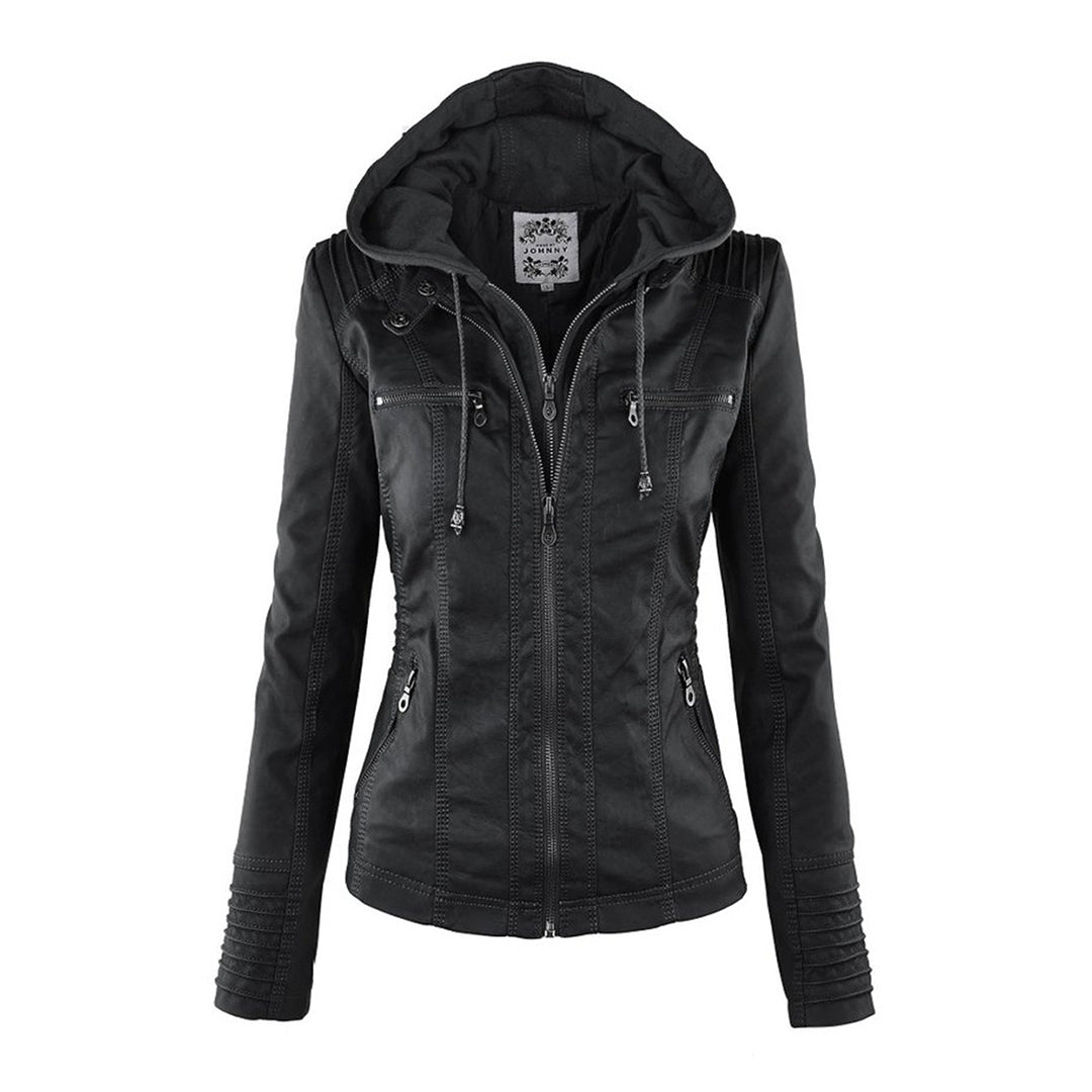 Vista frontal de la chaqueta de cuero Nerea con capucha ajustable