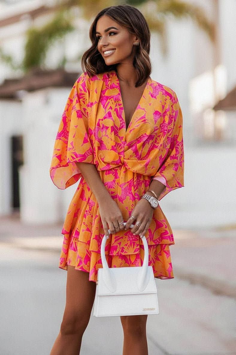 VALERIA – Vestido mini bohemio con estampado tropical para mujer