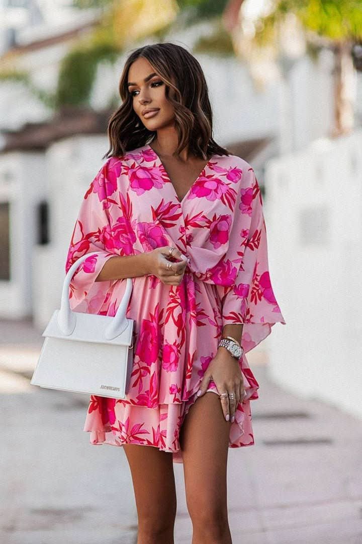 VALERIA – Vestido mini bohemio con estampado tropical para mujer