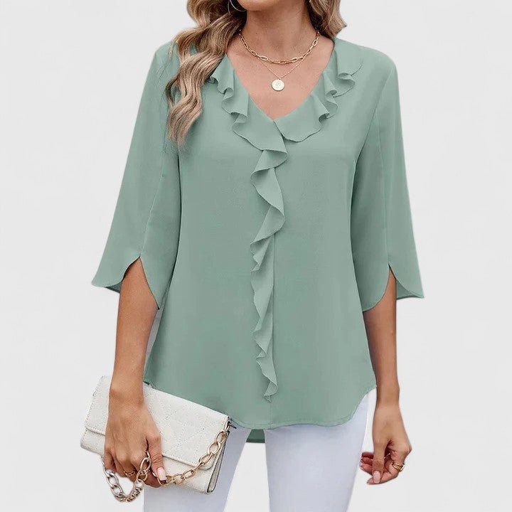 CARLA – Blusa de gasa con escote en V y volantes para mujer